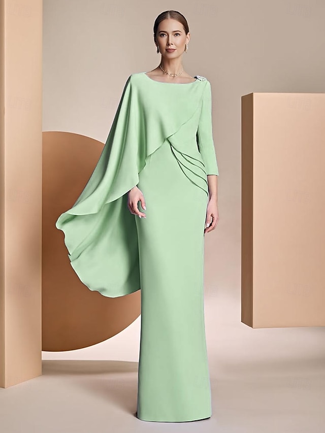  Kleid  Kolonne Kleid Brautmutter Kleid Formell Elegantes Juwelenhals Bodenlang Chiffon Lange Ärmel mit Applikationen Einfarbig