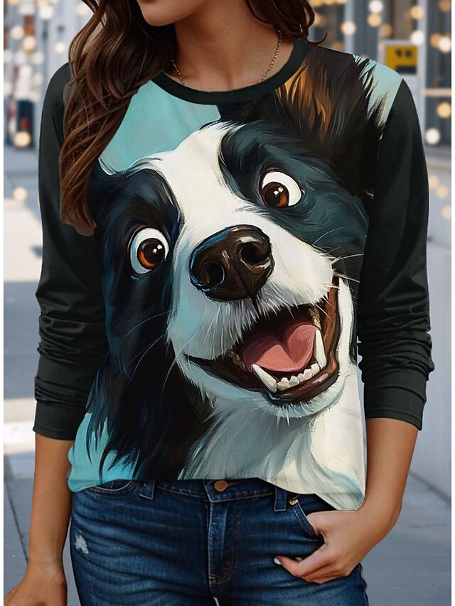 Women's T shirt Crew Neck Long Sleeve Tunic Dog Casual  Regular Tops Daily Print Black Spring Fall4