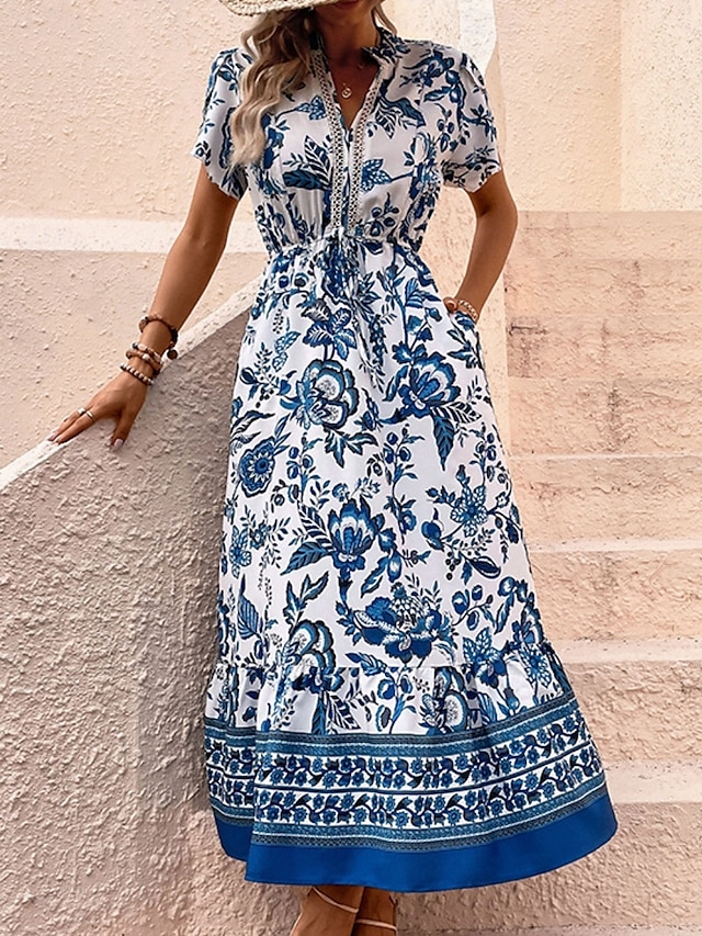  Damen Maxidress Casual kleid Schaukelkleid A Linie Kleid Boho-Kleid Brautkleider schlicht Täglich Regular Fit Blumen Halbe Ärmel V Ausschnitt Blau Sommer Frühling