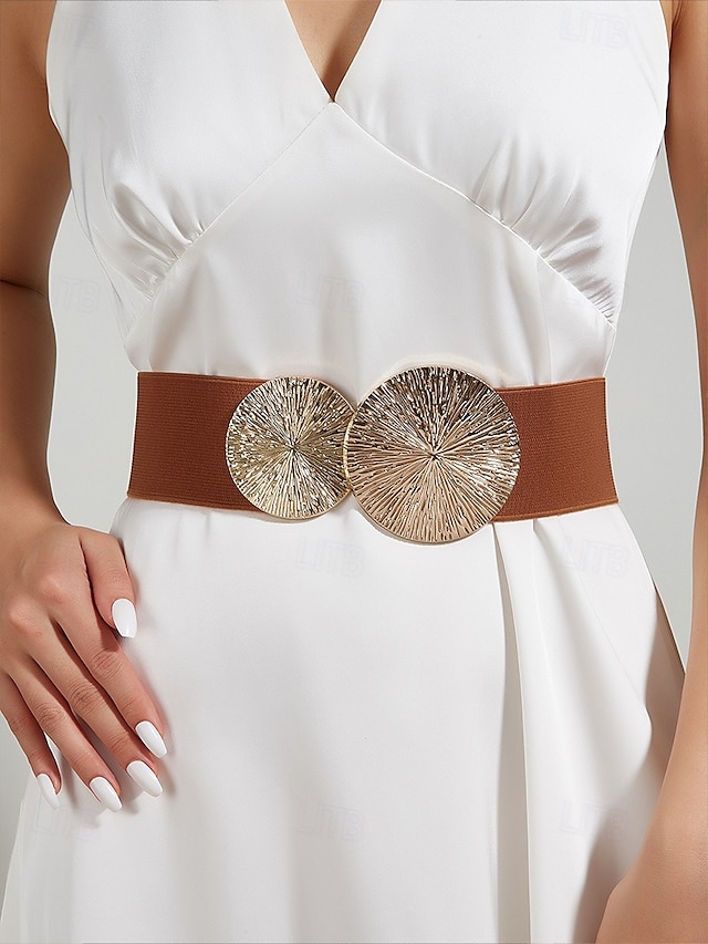  centura elastica de dama in talie cu catarama cerc aurie - centura larga elastica la moda pentru rochii, ocazii casual si formale