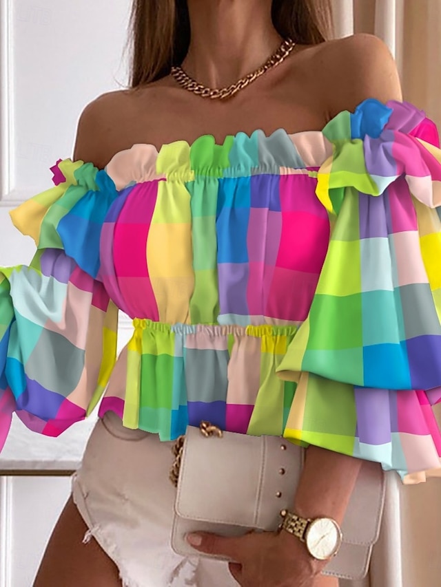  Femme Chemise Chemisier A Ombre Bloc de couleur Décontractées Demi Manches Epaules Dénudées Hauts réguliers du quotidien A Volants Imprimer Rose Claire Bleu Vert Eté