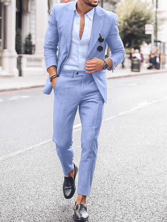  Costumes de mariage en lin pour hommes bleu ciel bleu foncé mode décontractée unis coupe ajustée 2 pièces à simple boutonnage un bouton