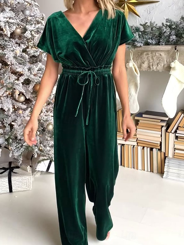  Femme Normal Combinaison mode Couleur unie Manche Courte Col V Cordon Soirée Travail Ample Noir Vert Printemps