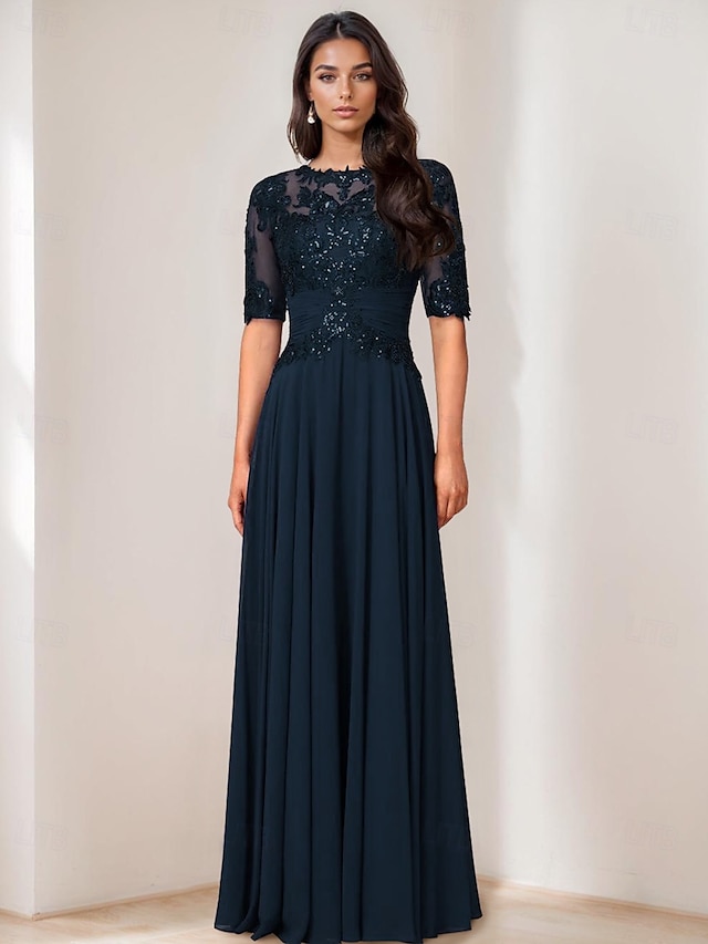  Suknia A-Liniowa Suknia Matki Panny Młodej Elegancka Suknia na Imprezę Dekolt w Serek Długość do Podłogi Chiffon Półrękaw z Koronką Kolor Jednolity