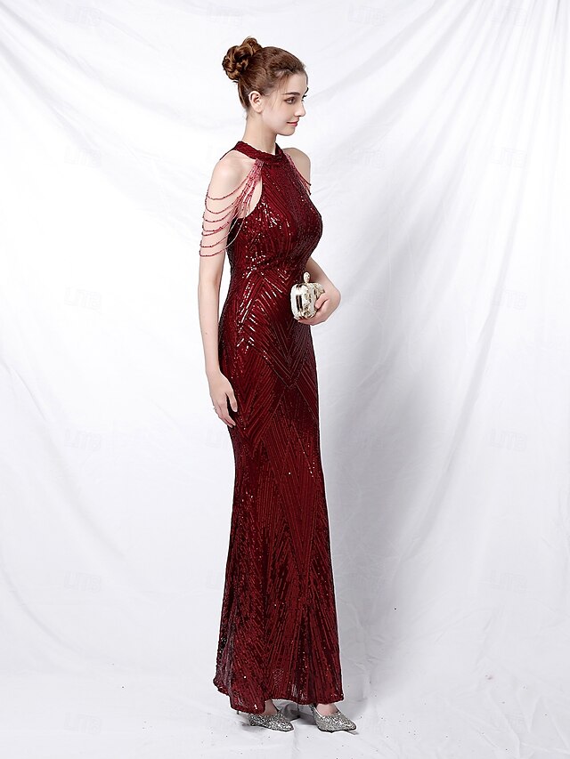  Robe de soirée en sirène  trompette élégante Robe formelle mariage longueur de sol sans manches col halter sequins avec paillettes frange 2025
