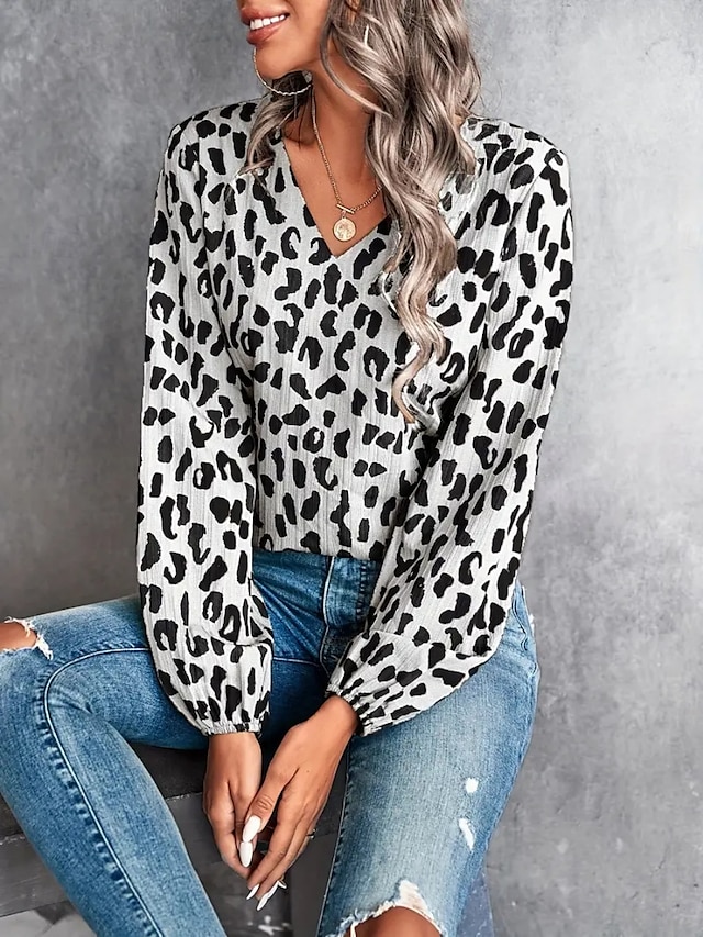  Dame Skjorte Bluse Leopard Fritid Langermet V-hals Vanlige topper Daglig Trykt mønster Svart Hvit Grønn Høst Vinter
