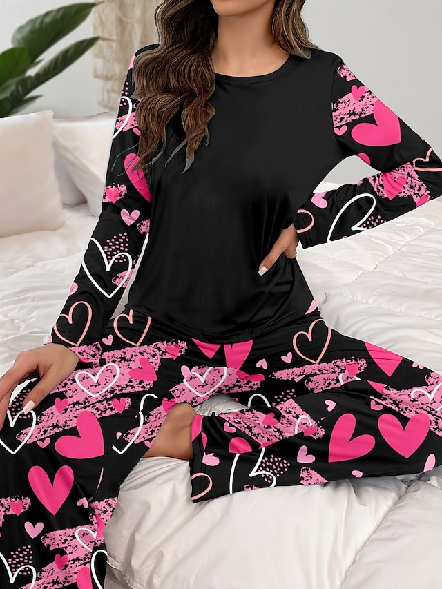  Dam Pyjamas set Ledigt Komfort Comfrt Hjärta T-shirt Byxa Hem Alla hjärtans dag Dagligen Långärmad Rund hals Rodnande Rosa Vår Höst Vinter