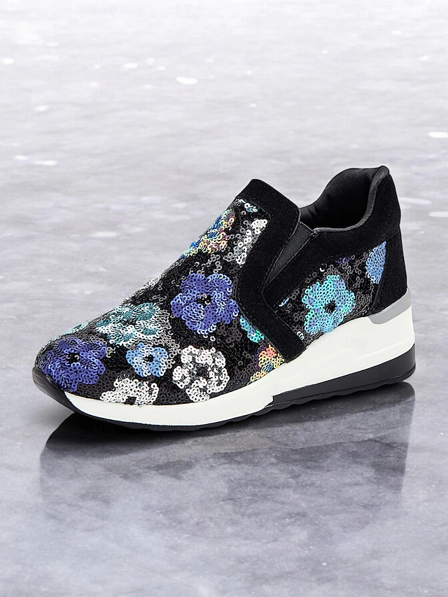 Women's Floral Sequin Slip-On Sneakers - Comfortable Glitter Casual Shoes with Wedge Sole, Perfect for Walking or Party Wear 22