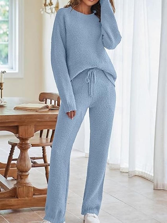 Dámské Sady nočního prádla Teplé Na běžné nošení Pohodlné Čistá barva Elastický pas Pullover Kalhoty Domů Denní Dlouhý rukáv Tričkový Světlá růžová Vodní modrá Béžová Podzim Zima