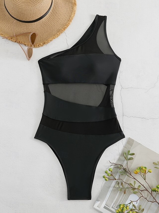  Dam Badkläder En bit Monokini Baddräkt Nät Öppen rygg Magkontroll Hög midja Smal Semester Standkläder Ensfärgat Asymmetrisk hals Ärmlös Baddräkter