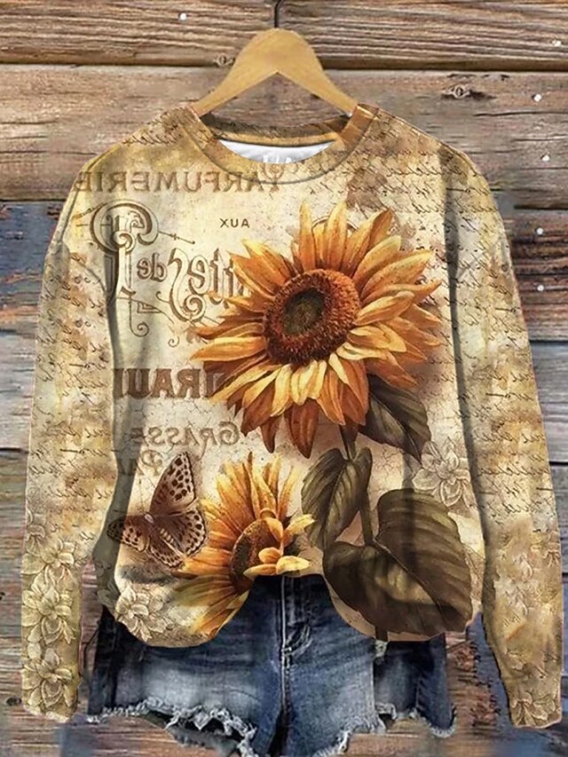 Women's Hoodies Floral Casual Long Sleeve Hoodie Regular Tops Print Khaki Fall Winter4