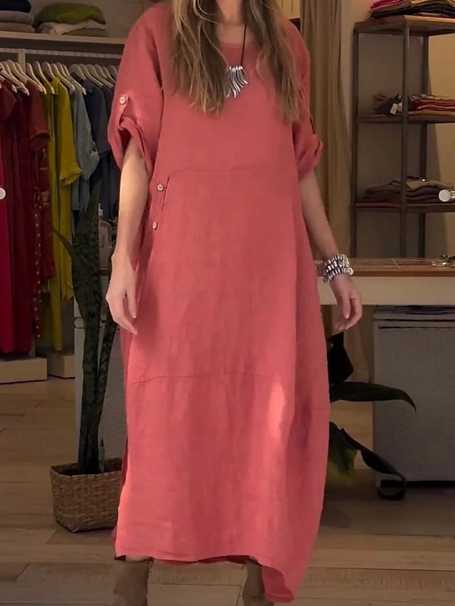  Dame Maxikjole Lin-inspirerte kjoler Uformell kjole Vanlig kjole Fritid Sport & Utendørs Gate Normal عادي Halvlange ermer Crew-hals Rosa Rød Sommer Vår Høst