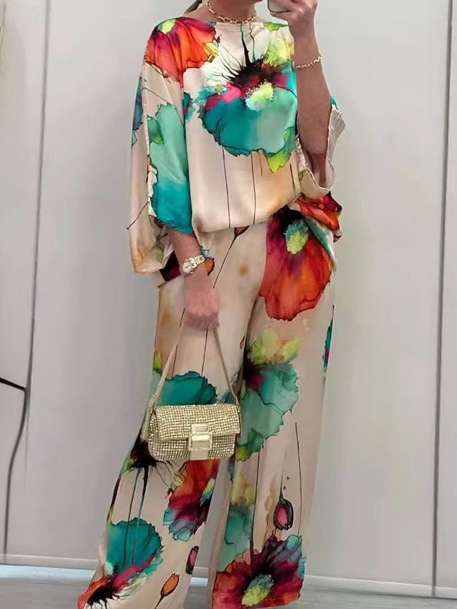  Damen Modisch Strassenmode Täglich Hemd Bluse Hose mit weitem Bein Langarm Rundhalsausschnitt Blumen Bedruckt Casual Täglich Schwarz Orange Grün Frühling & Herbst Regular Fit