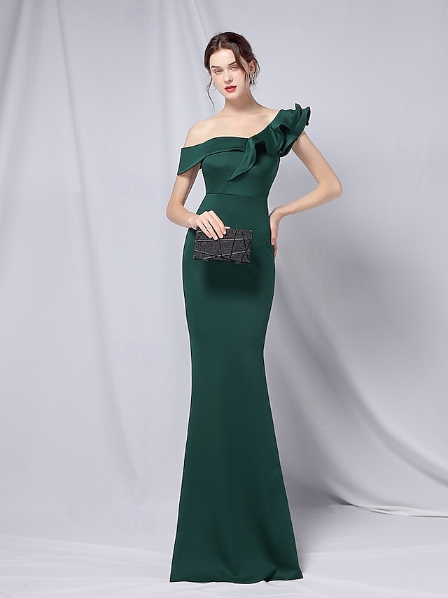  TS Mermaid / Trumpet Evening Gown Elegant Dress Formal Wedding Floor Length 3/4 Length Sleeve One Shoulder Stretch Crepe with Ruffles 2024