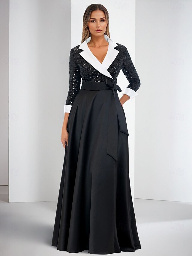 Tuxedo Dress A-Line Formal Wedding Party Satin Glitter Elegant Color Block 3/4 Length Sleeve Floor Length Notched Lapels 6