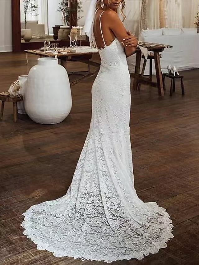  abiti da sposa boho formali matrimonio in spiaggia sirena / tromba scollo a v senza maniche strascico corte abiti da sposa in pizzo abiti da sposa con drappeggio ricamo 2025