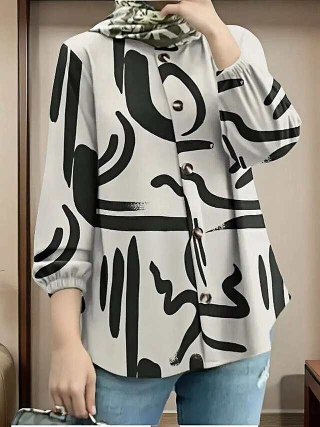  Damen Hemd Bluse Graffiti Basic Brautkleider schlicht Langarm Hemdkragen Normale Oberteile Täglich Knopf Bedruckt Schwarz Blau Grün Frühling & Herbst