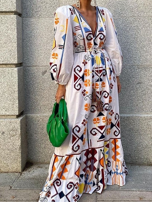  Mulheres Vestido Longo Vestido casual Vestido A Line Vestido Boho Vintage Casual Férias Diário Normal Geométrica Manga Longa Decote V Branco Primavera Outono