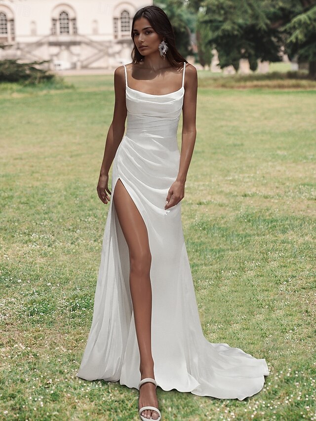 Stretch Crepe Wedding Dresses Beach Wedding Mermaid Adjustable Strapes Square Neck Drapped High Slit Sleeveless Open Back Court Train Stretch Fabric Bridal Suits Bridal Gowns4
