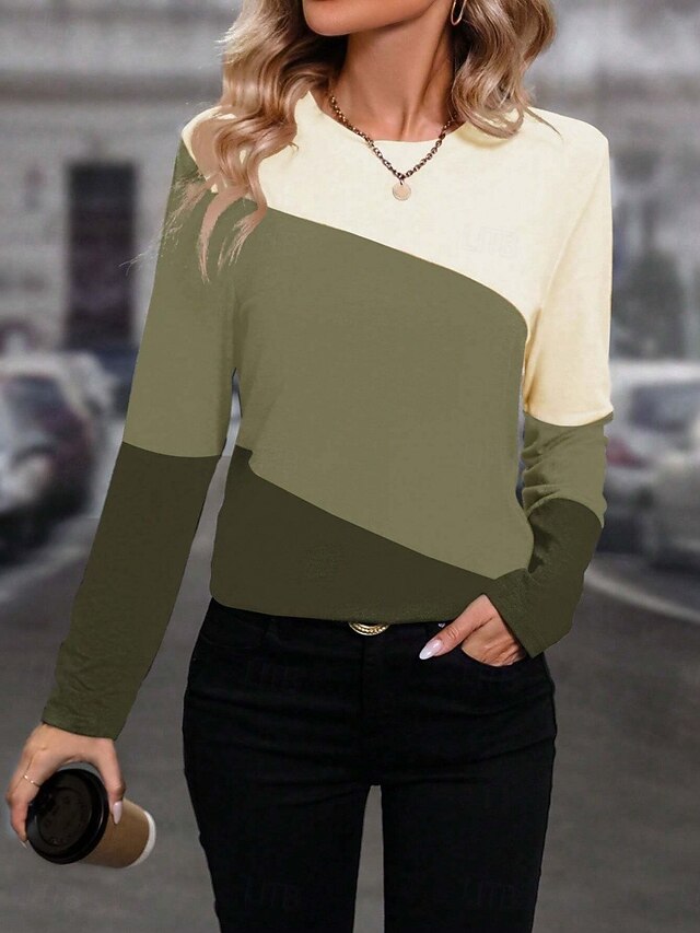 Women's T shirt Crew Neck Long Sleeve Tunic Geometric Casual  Regular Tops Daily Print Green Spring Fall4
