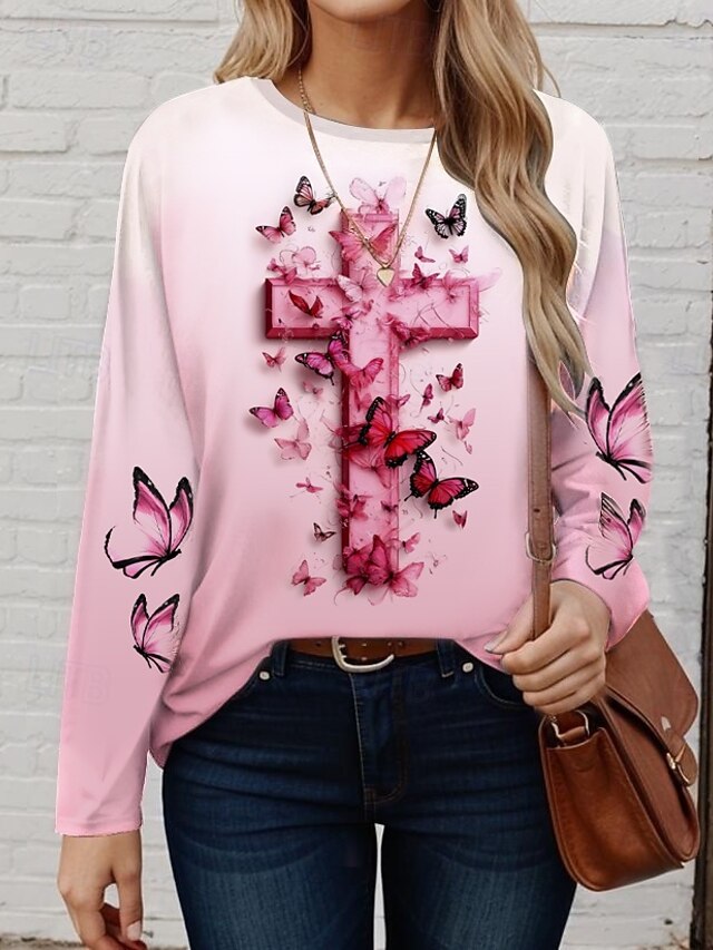 Valentine Women's T shirt Long Sleeve Crew Neck Long Sleeve Tunic Casual Ombre Butterfly Regular Tops Print Regular Fit Daily Pink Spring Fall Prefall4