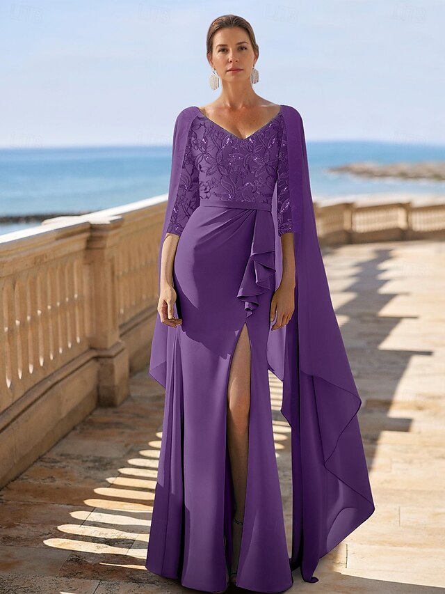  Grön Kjolspringa  Kolumnblommig Elegant kvällsklänning Strandbröllop Hög slits V-nacke Golvlängd Chiffon 3/4 längd ärm med spets enfärgad