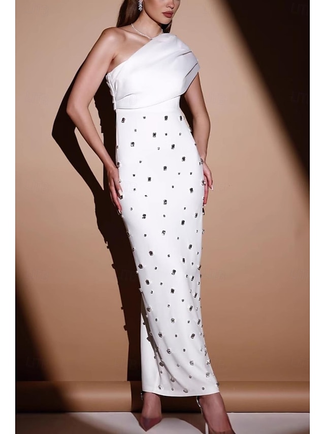  Robe de soirée Sheath  Colonne Élégante Robe Invité de mariage Longue crue Sans manches Une épaule mélange de coton avec strass