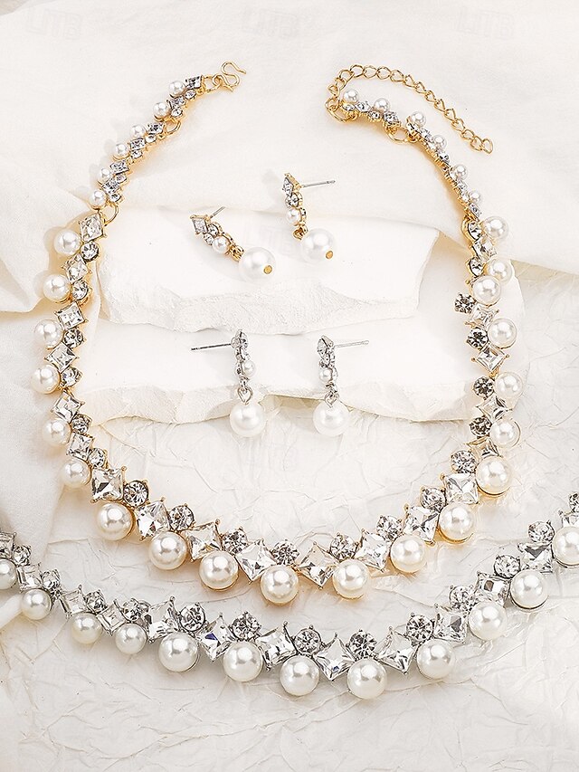 Pearl Zircon Earrings Necklace Set Dinner Jewelry