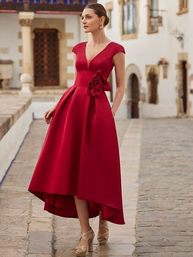 A-Line Cocktail Dresses Beach Wedding Elegant Dress Formal Asymmetrical Short Sleeve V Neck Pocket Satin with Pocket Shouder Flower Dresses4