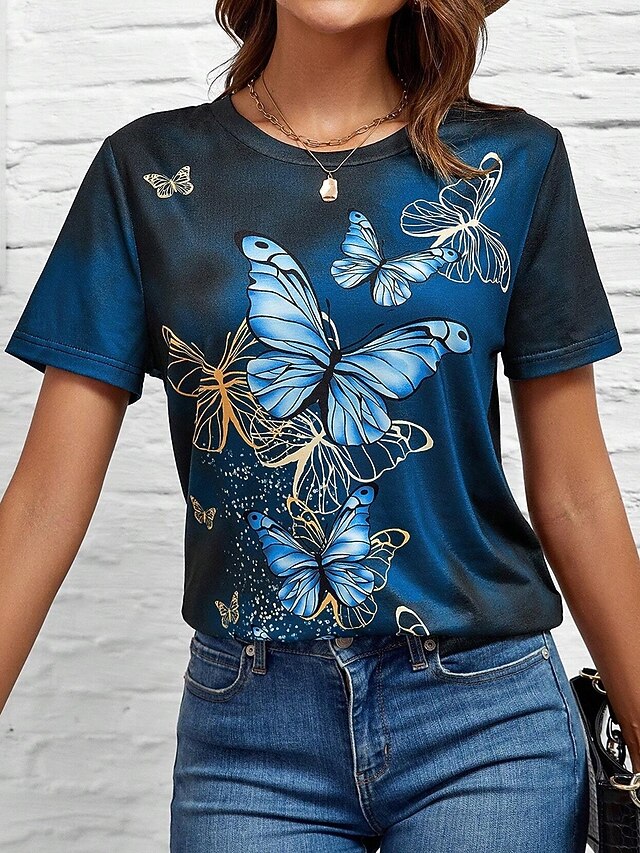 Women's T Shirt Butterfly Casual Short Sleeve Round Neck Regular Tops Daily Print Blue Summer4