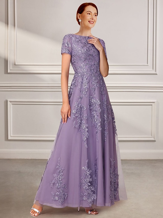 Abito a A Line Madre della Sposa Abito Elegante Collo gioiello Lunghezza a terra Chiffon Pizzo Mezza manica con Pizzo Colore solido
