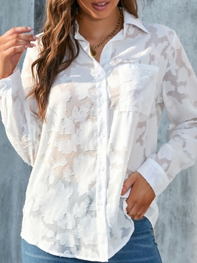  Kvinners hvite elegante blonde topper øyelet bluse uformell ensfarget vanlig topper lang erm skjortekrage knapper lomme vanlig passform daglig romantiske petite topper sommerferie slitasje hvit gul
