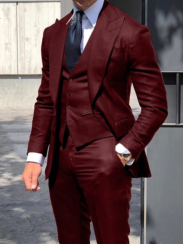  Trajes de fiesta de bodas para hombres Trajes de regreso a casa Burdeos Azul Real Sólido Ajuste a medida de 3 piezas de un solo botón