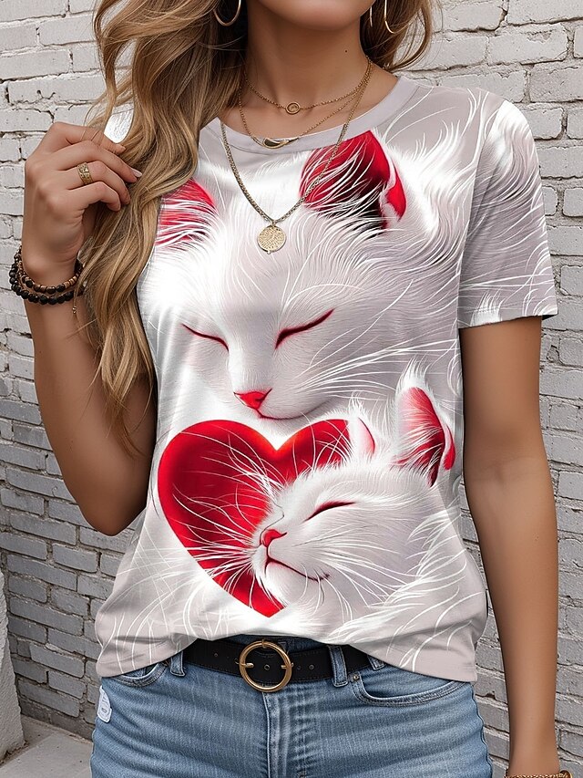 Valentine Women's Heart T Shirt Cute Regular Tops Short Sleeve Round Neck Print Regular Fit Daily Red Summer4