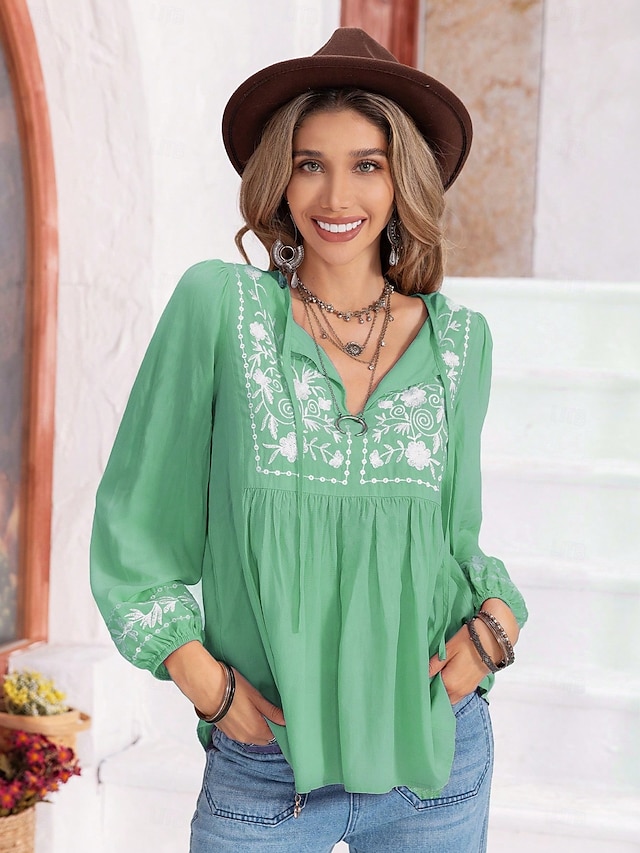  Női Boho ing Napi Alkalmi Újév Virágos Normál felsők Hosszú ujj Lámpás hüvely V-alakú csomózott Normál Napi Katonai zöld Lóhere Tavasz, Ősz, Tél, Nyár