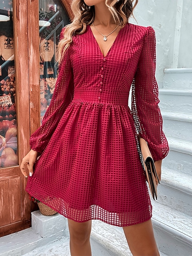  mini robe à carreaux à col en V pour femme à manches longues été printemps