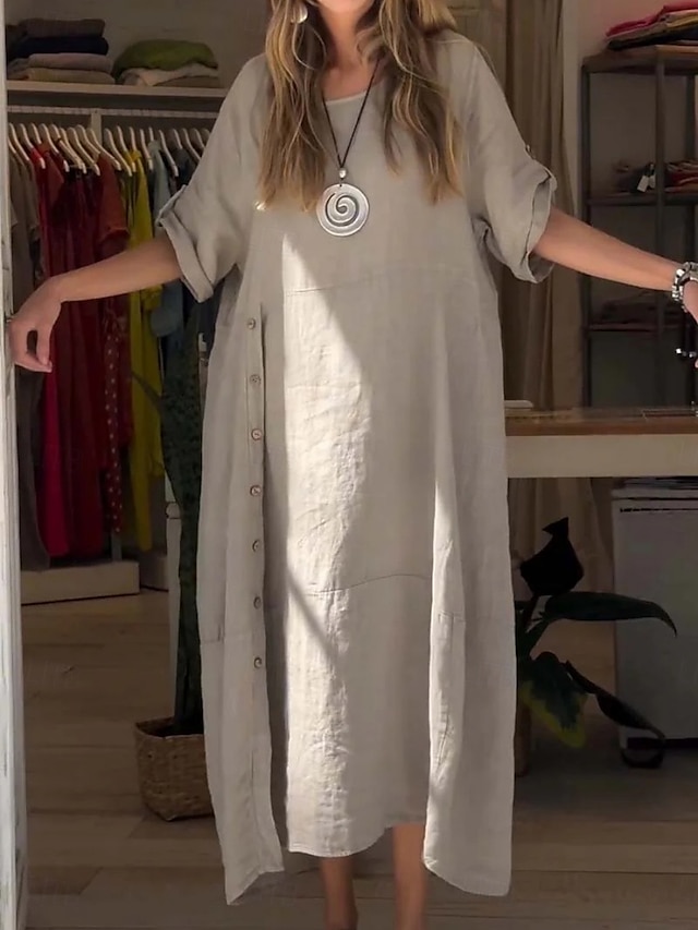  Naisten Mini mekko Pellava-inspiroidut mekot Rento mekko Tavallinen mekko Puuvillainen Maxi Mekko Vapaa-aika Urheilu ja ulkoilu Katu Normaali Tavallinen Lyhythihainen Tiukka pyöreä kaula-aukko Apila