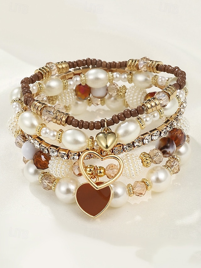  Women's Beaded Charm Bracelet Set with Heart Pendant, Faux Pearl and Crystal Accents, Layered Boho Style Jewelry for Casual and Party Wear