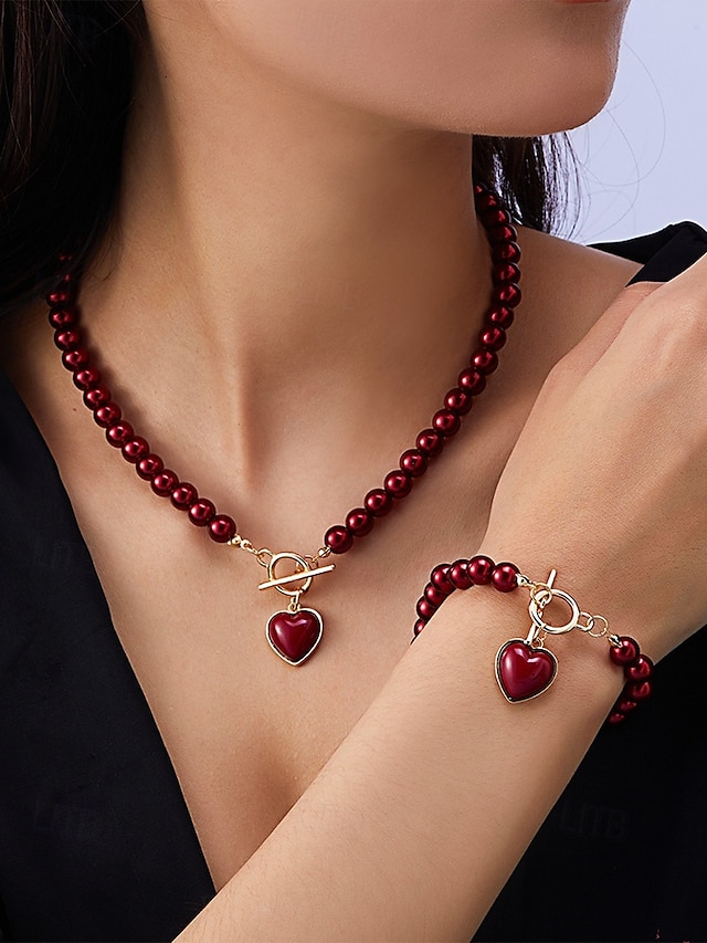  collana e bracciale di perle rosse da donna con ciondolo a cuore, chiusura color oro, gioielli eleganti per regalo di San Valentino, matrimoni e occasioni speciali
