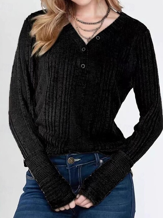  Mujer Camiseta Plano Moda Moderno Casual Manga Larga Escote en Pico Tops regulares Diario Fin de semana Negro Verde Ejército Verano Primavera