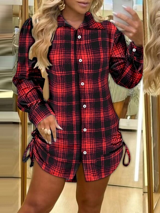 Women's Plaid Shirt Collar Mini Dress Long Sleeve Summer Spring4