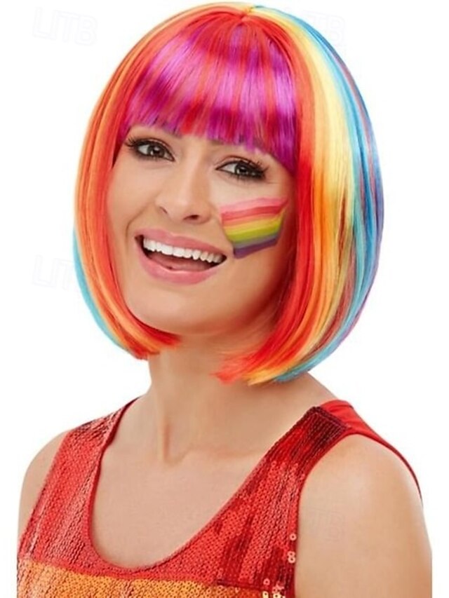 Rainbow Bob Wig for Women Fancy Dress Carnival Costume Party Accessory Multicolor Synthetic Fiber Hair2