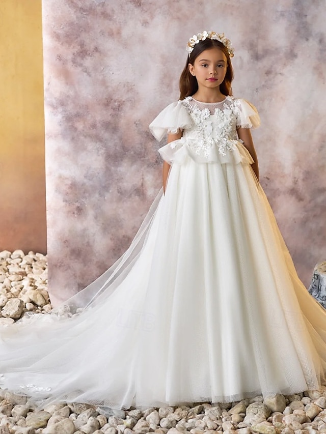  Balkjole Knælang Blomsterpigekjole Quinceanera Frosset Elsa Piger Sød gallakjole Tyl med Krøllede Folder Royal Stil Tutu Passer 3-16 år