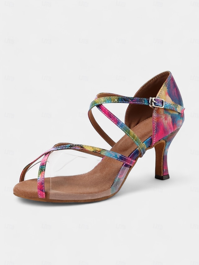  sapatos de dança latina coloridos e vibrantes para mulheres com sola de camurça macia e tira transparente | perfeitos para prática e apresentações