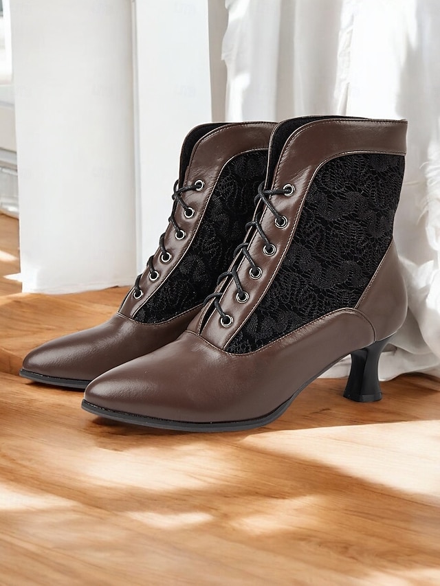  stivaletti allacciati in stile vittoriano nero da donna con pannello in pizzo e tacchi a gattino - elegante stile vintage per occasioni formali e casual