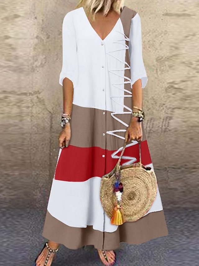  abito lungo da donna color block scollo a V mezze maniche estate