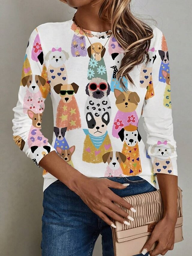 Women's T shirt Crew Neck Long Sleeve Tunic Cat Dog Casual  Regular Tops Daily Print White Spring Fall4