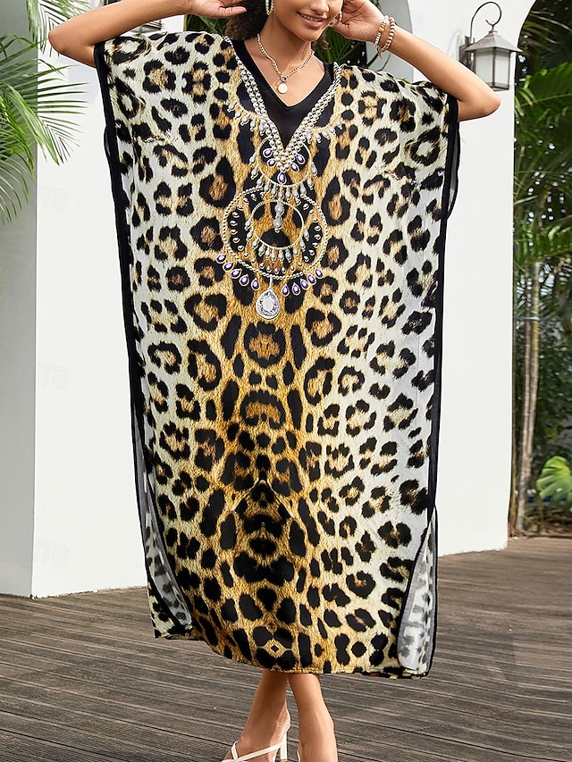  Dam Badkläder Täck Över Baddräkt UV-skydd Semester Standkläder Grafisk Leopard Rund hals Kort ärm Baddräkter