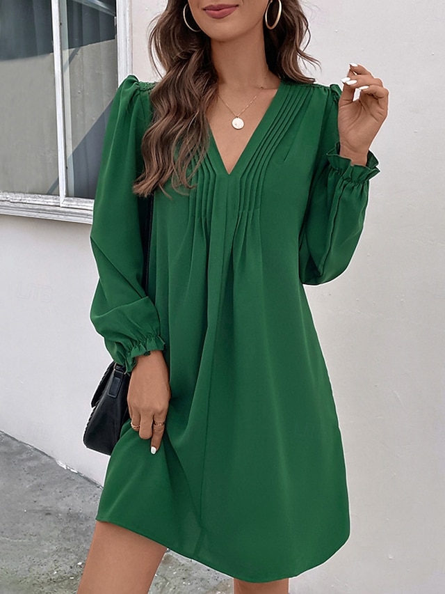  Women's Casual Dress Mini Dress Ruched Casual V Neck Long Sleeve Green Color