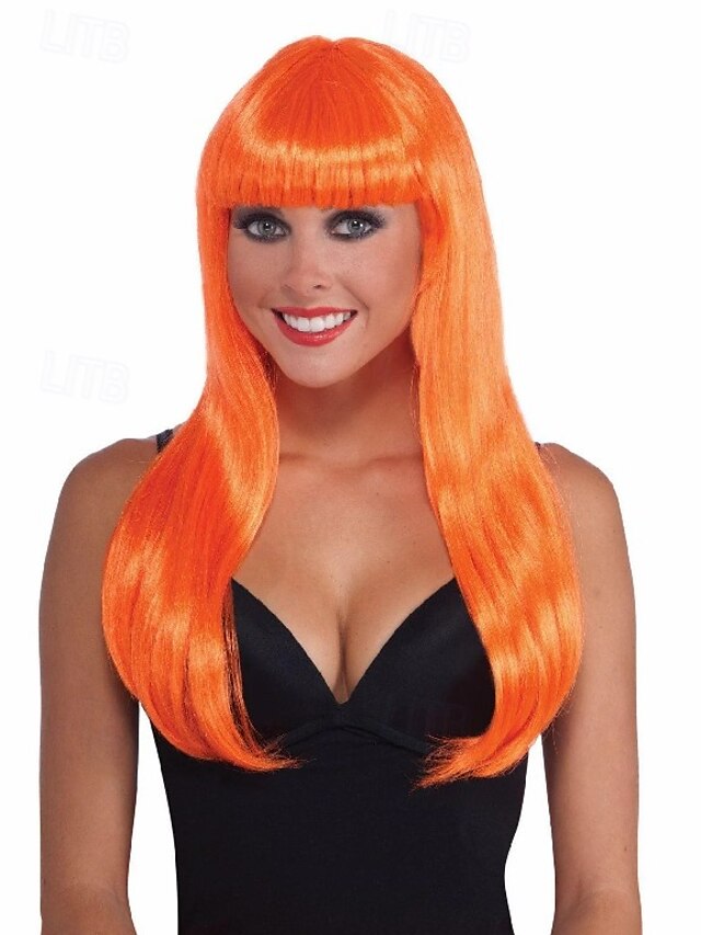  parrucca lunga arancione neon per adulti con frangia per carnevale